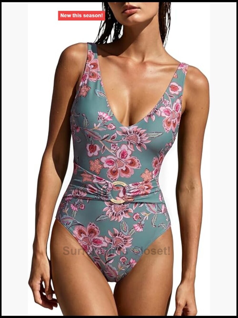 Retro Tummy Control One Piece Swimsuit V Neck Metal Ring High Cut Bathing Suit